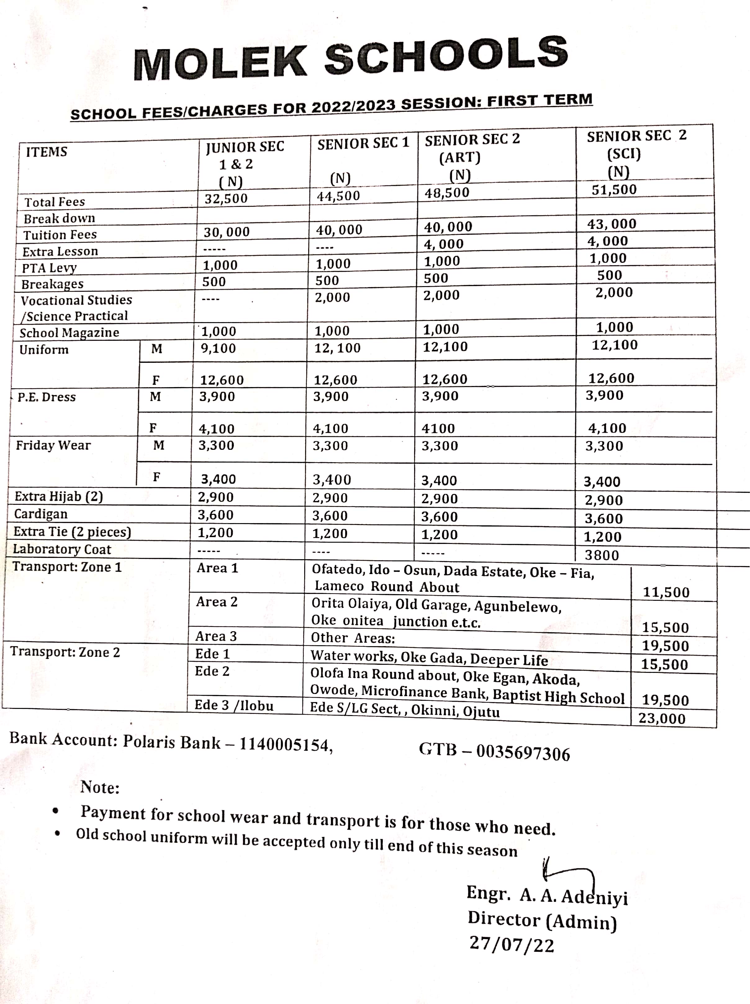 SCHOOL FEES/CHARGES