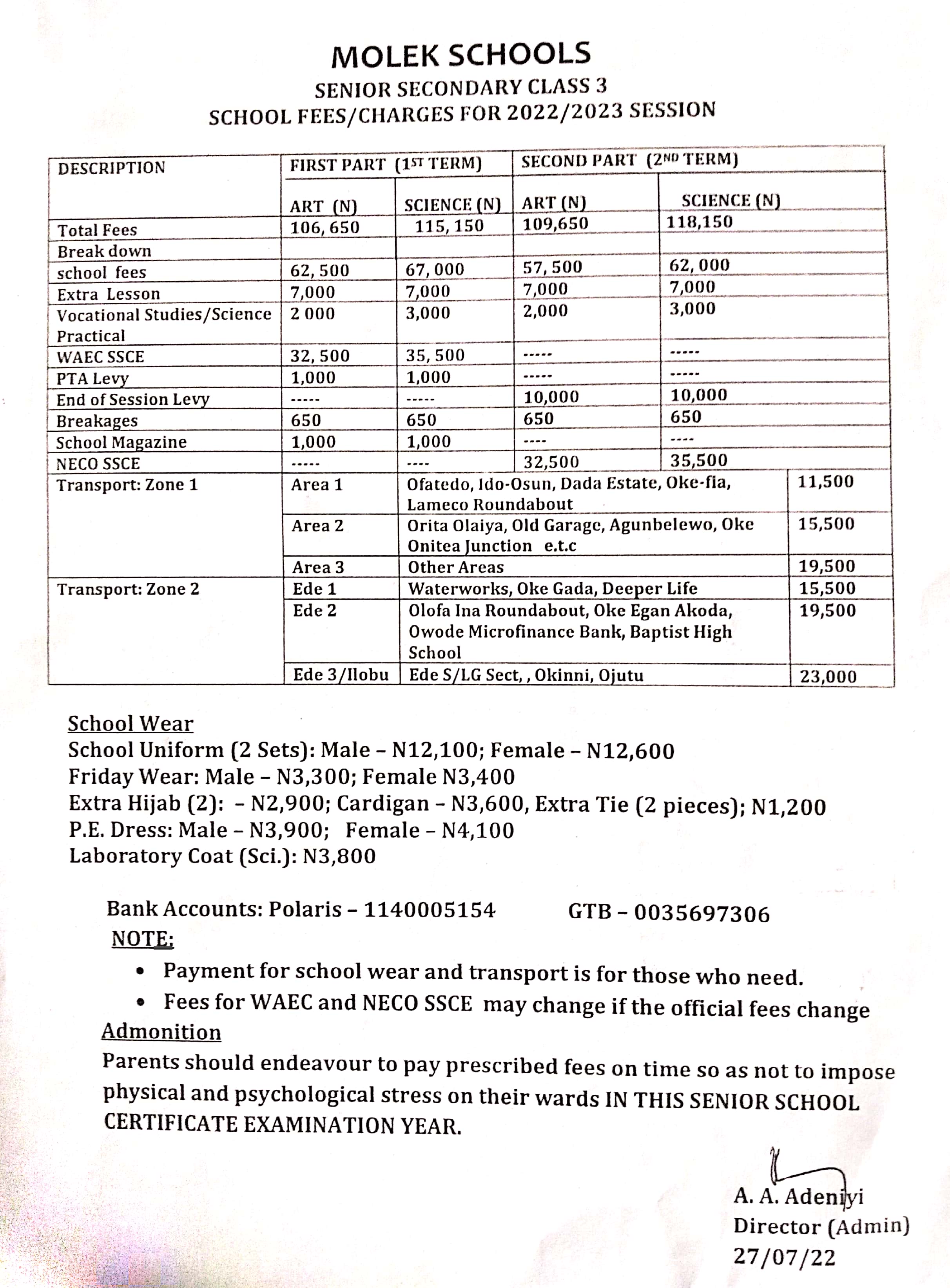 SCHOOL FEES/CHARGES FOR 2022/2023 SESSION: FIRST TERM