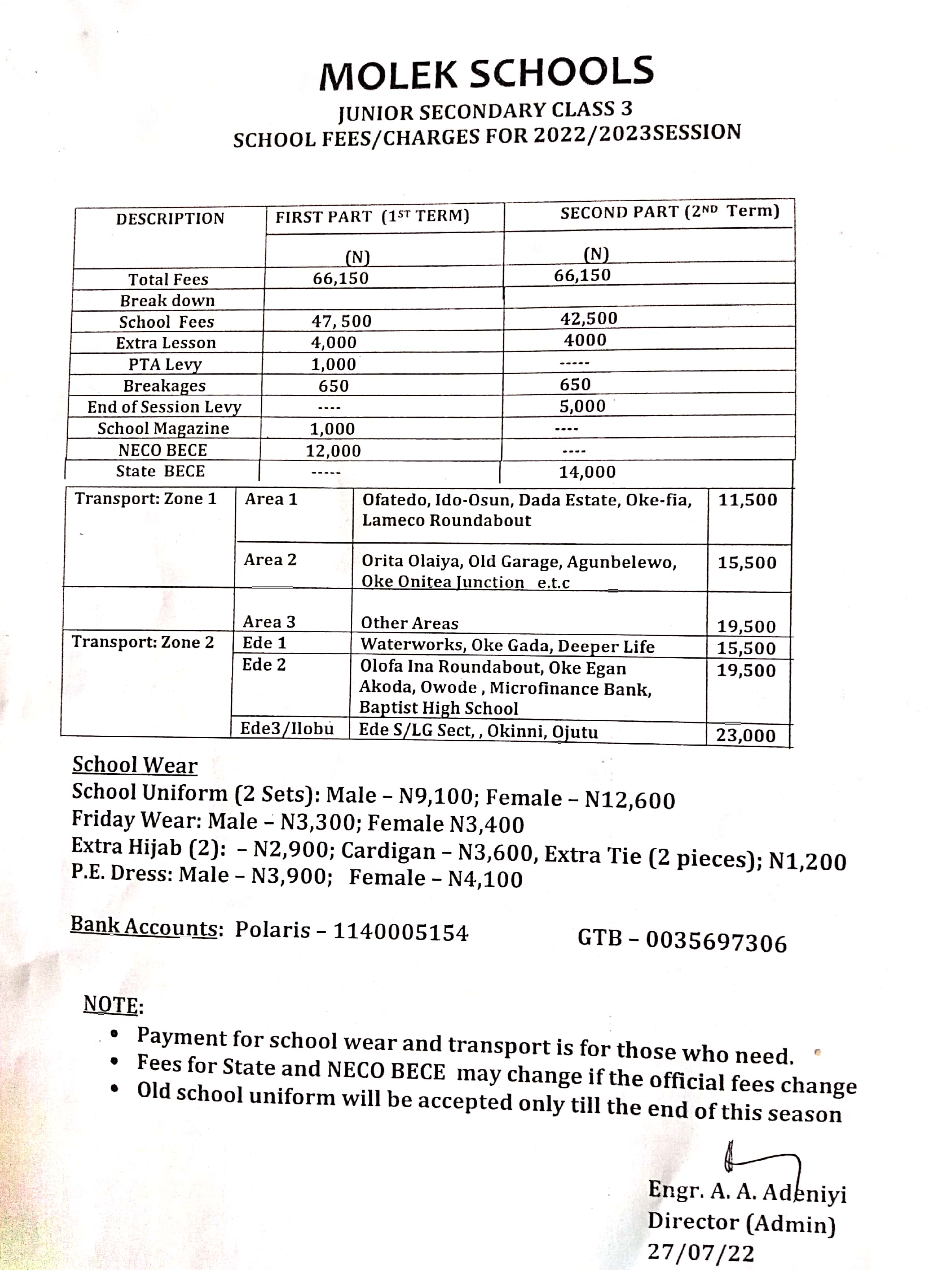 SCHOOL FEES/CHARGES FOR 2022/2023 SESSION: FIRST TERM