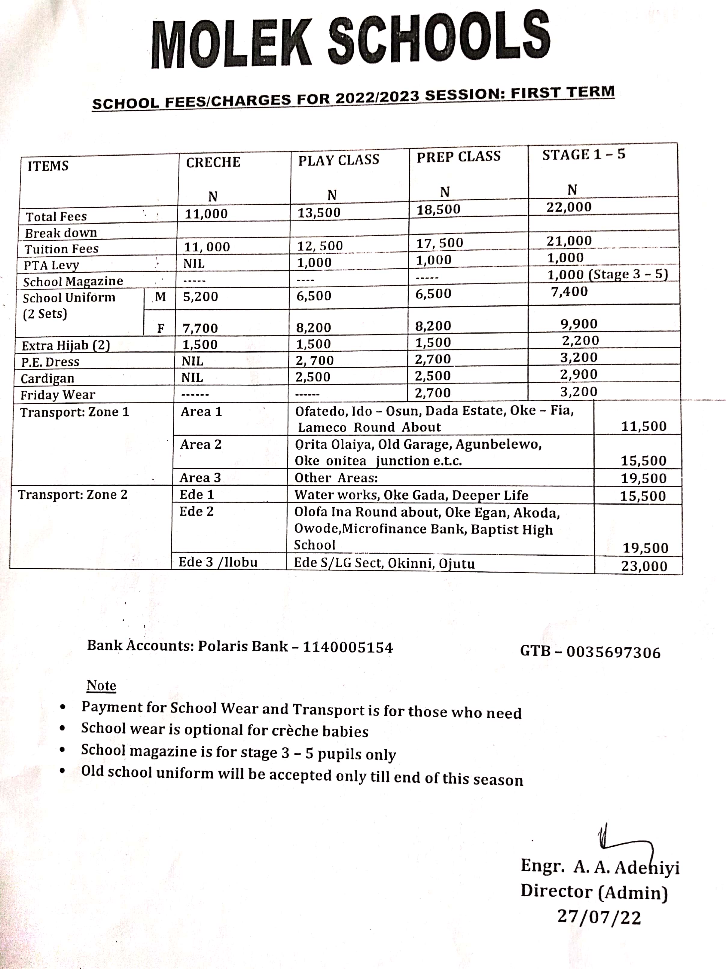 SCHOOL FEES CHARGES