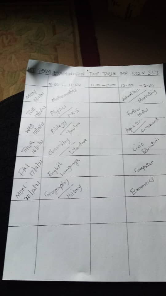 2021/2022 First Term Examinations Time Table( SECTION SECTION)