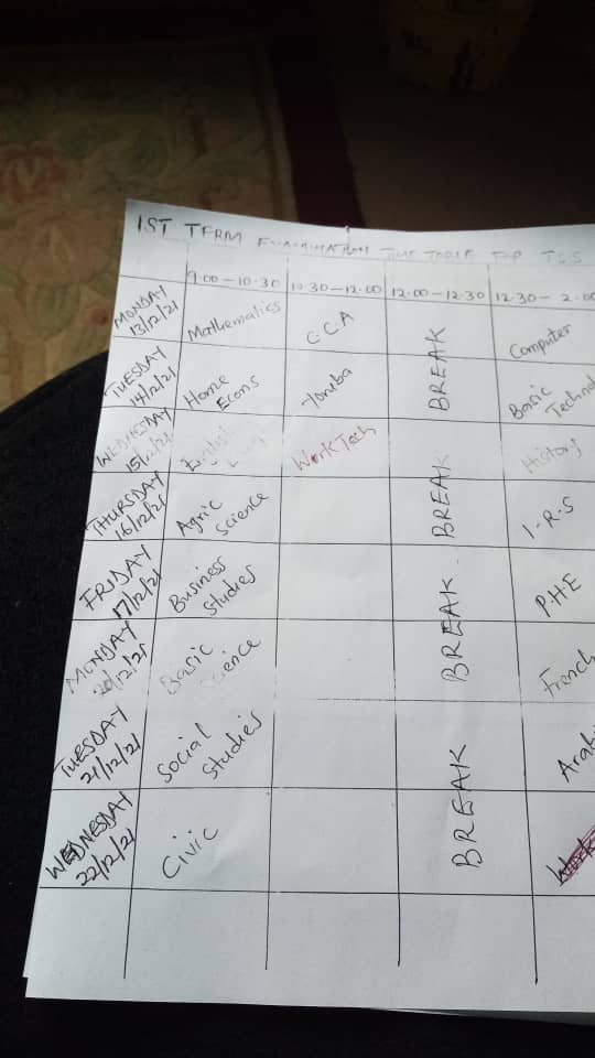 First Time Examinations Time Table For SS2 And SS3 Classes